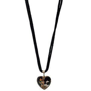 Enamel Hand Painted Heart Pendant Necklace Floral Butterfly Reversible Women